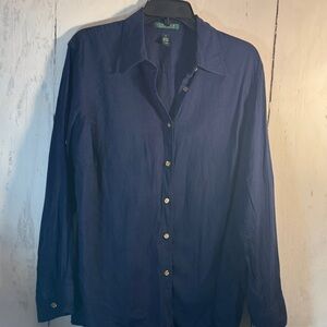 Ralph Lauren (1X) Navy Linen Casual Button-Down Shirt